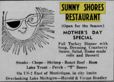 Sunny Shores Restaurant (Straslers Sunny Shores Restaurant) - May 1955 Ad (newer photo)